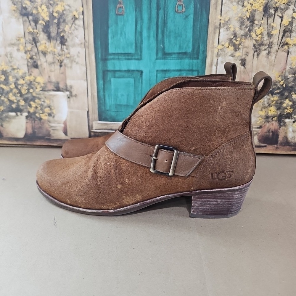 UGG Womens‎ Wright Belted Boot Tan Brown Suede Block Heel Bootie Sherpa Size 11